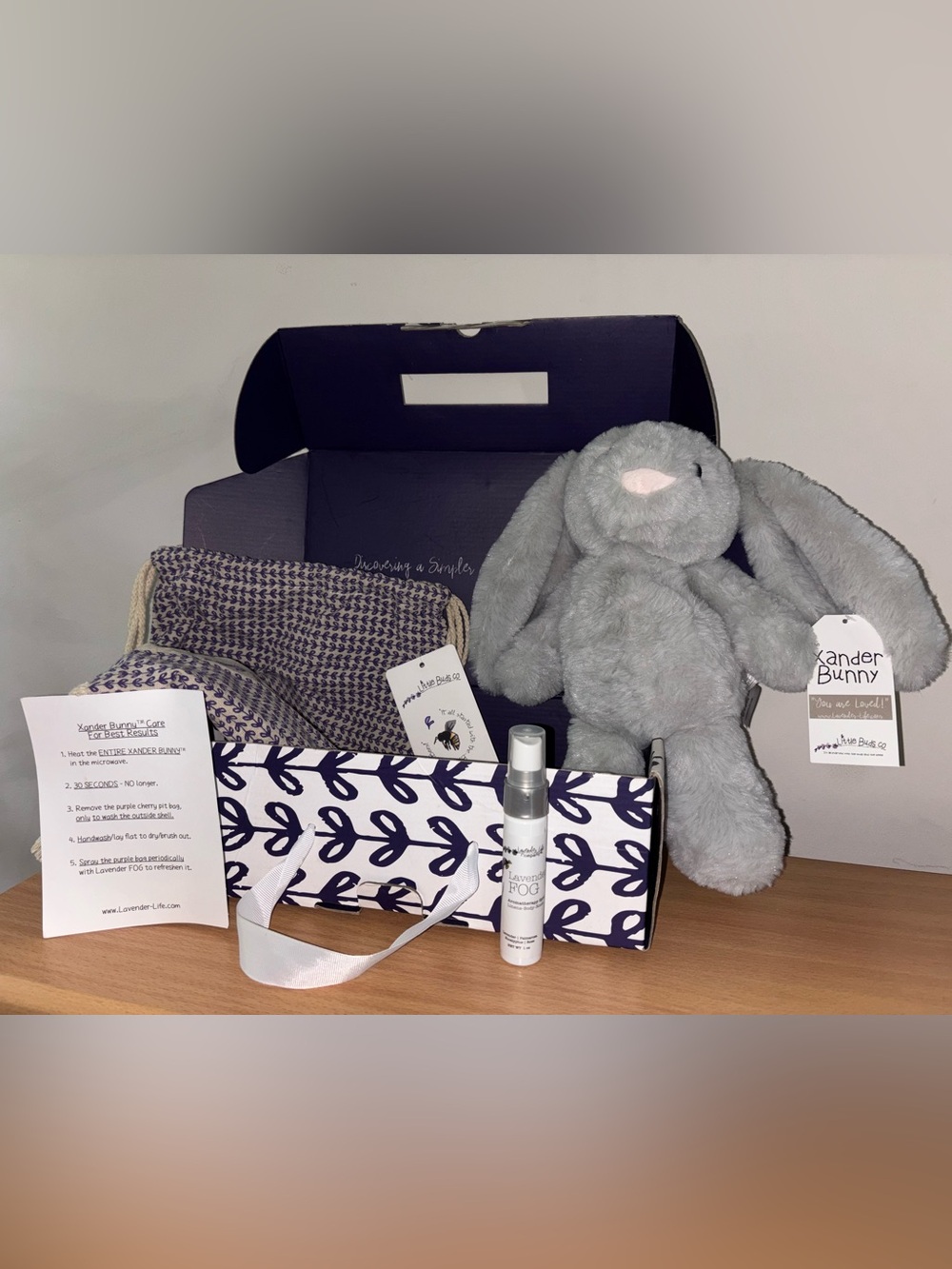 Lavender Life Gray Xander Bunny Soft Rabbit Plush Therapy Microwaveable Gift Box